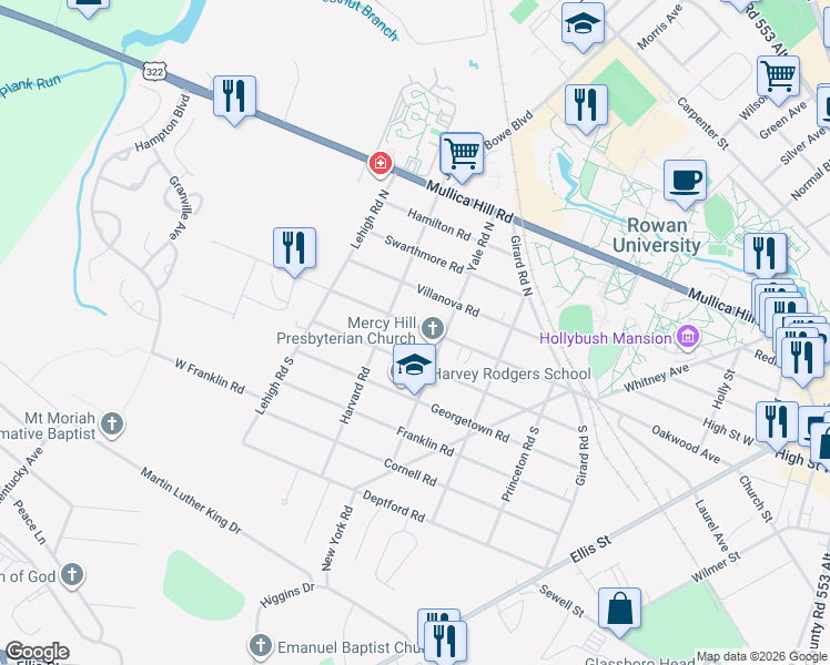 map of restaurants, bars, coffee shops, grocery stores, and more near 315 Dickinson Road in Glassboro
