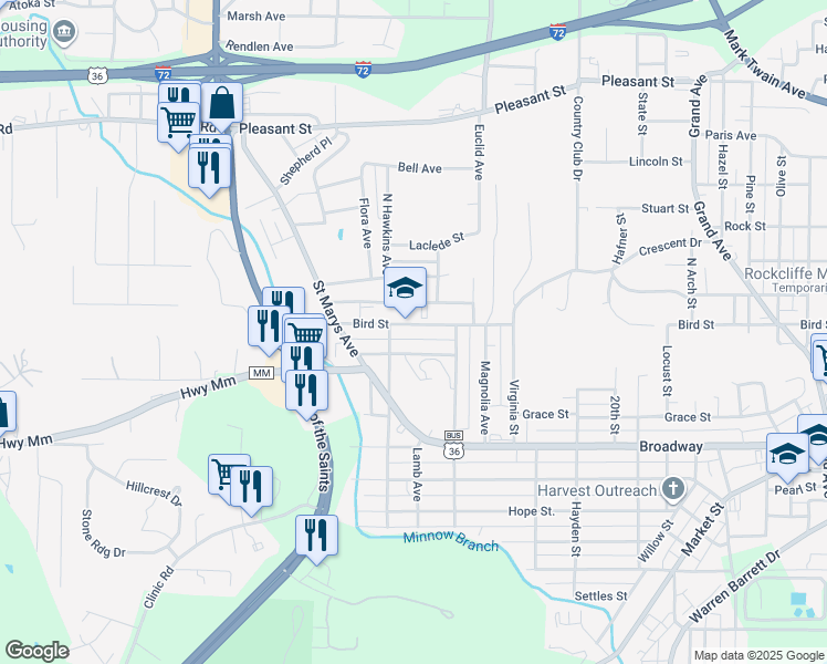 map of restaurants, bars, coffee shops, grocery stores, and more near 2710 Rackliffe Street in Hannibal