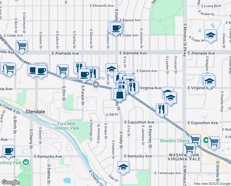 map of restaurants, bars, coffee shops, grocery stores, and more near 525 South Holly Street in Denver