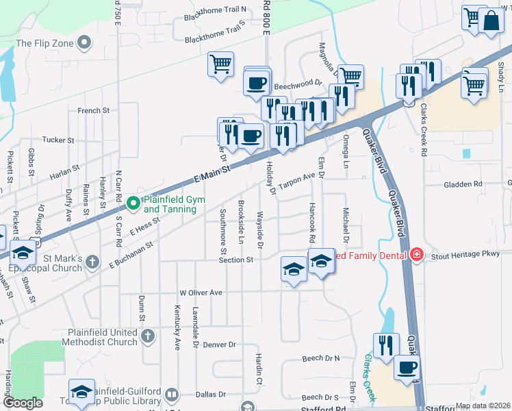 map of restaurants, bars, coffee shops, grocery stores, and more near 219 Brookside Lane in Plainfield