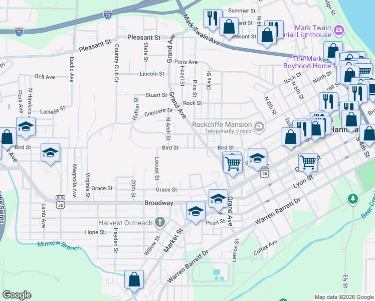map of restaurants, bars, coffee shops, grocery stores, and more near 1515 Bird Street in Hannibal