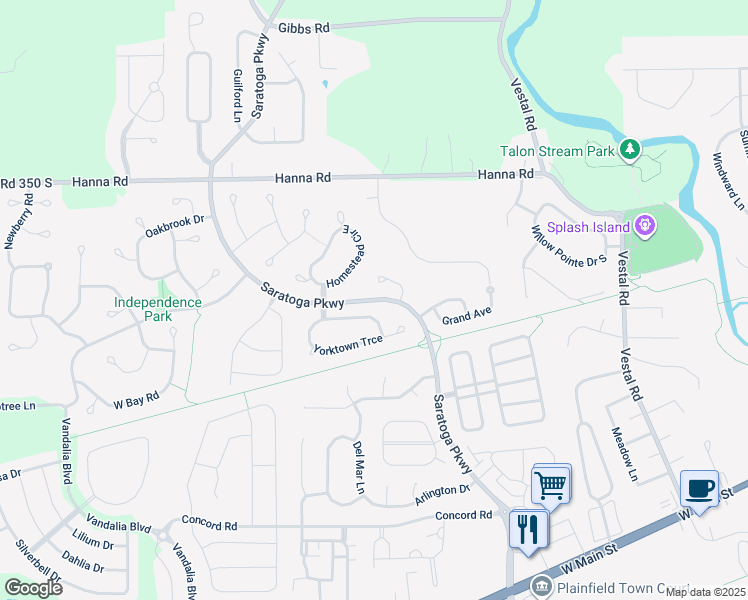 map of restaurants, bars, coffee shops, grocery stores, and more near Saratoga Parkway in Plainfield