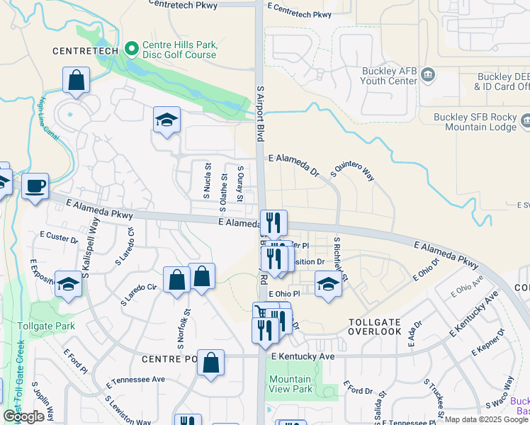 map of restaurants, bars, coffee shops, grocery stores, and more near in Aurora