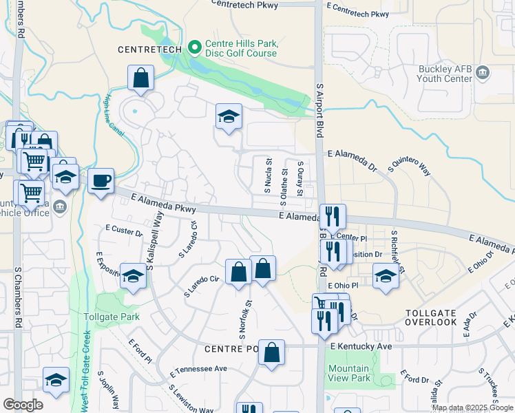 map of restaurants, bars, coffee shops, grocery stores, and more near 16590 East Alameda Parkway in Aurora
