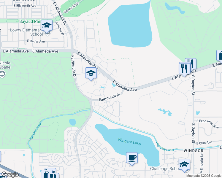 map of restaurants, bars, coffee shops, grocery stores, and more near 8680 East Alameda Avenue in Denver