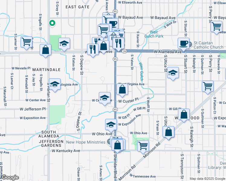 map of restaurants, bars, coffee shops, grocery stores, and more near 560 South Ames Street in Lakewood