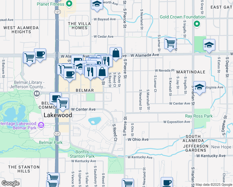 map of restaurants, bars, coffee shops, grocery stores, and more near 545 South Reed Street in Lakewood