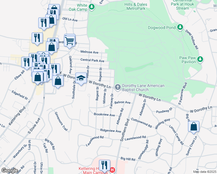 map of restaurants, bars, coffee shops, grocery stores, and more near 3014 Mirimar Street in Dayton