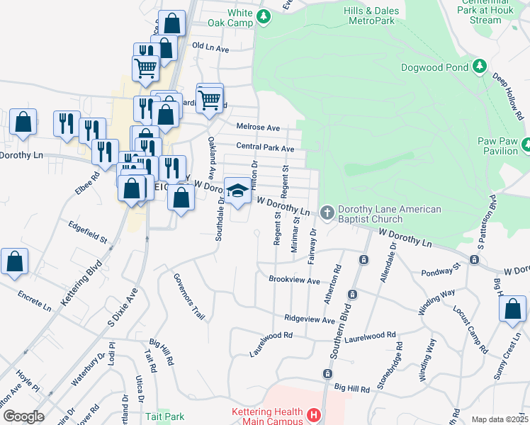 map of restaurants, bars, coffee shops, grocery stores, and more near 3025 Regent Street in Dayton