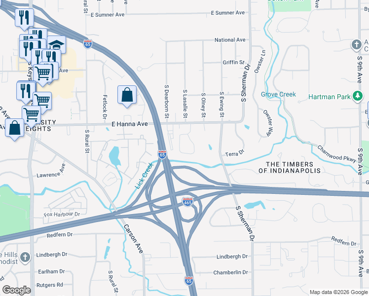 map of restaurants, bars, coffee shops, grocery stores, and more near United Church Ln in Indianapolis