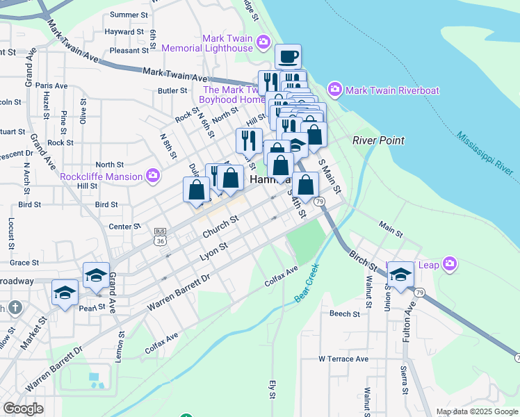 map of restaurants, bars, coffee shops, grocery stores, and more near 222A South 6th Street in Hannibal
