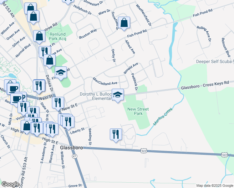 map of restaurants, bars, coffee shops, grocery stores, and more near 341 New Street East in Glassboro