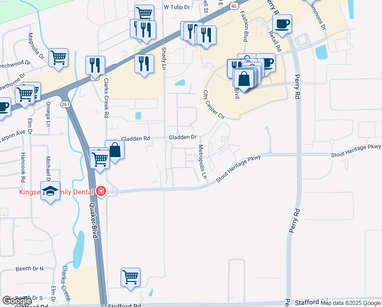 map of restaurants, bars, coffee shops, grocery stores, and more near 2450 Central Park Drive South in Plainfield
