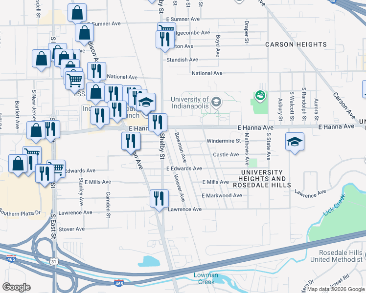 map of restaurants, bars, coffee shops, grocery stores, and more near 4057 Bowman Avenue in Indianapolis