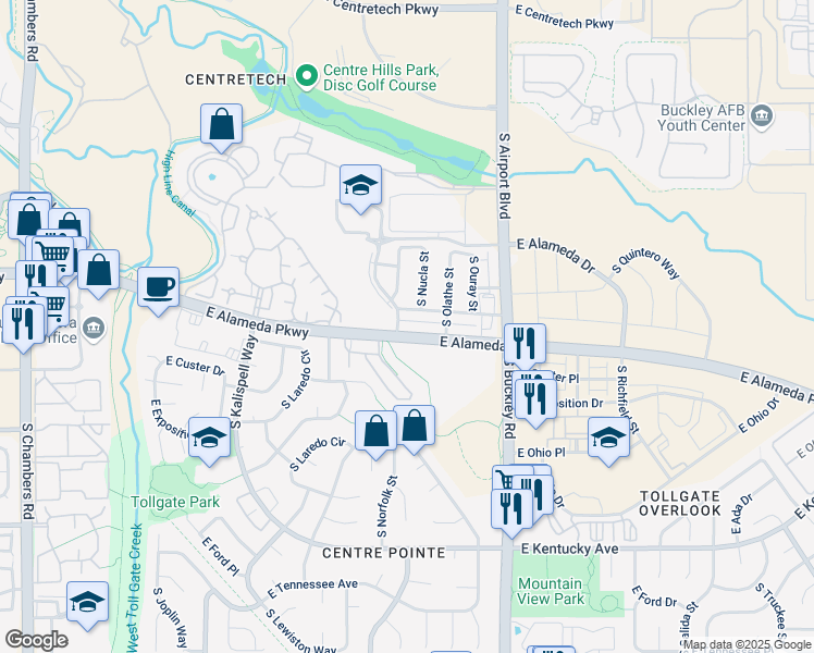 map of restaurants, bars, coffee shops, grocery stores, and more near 16590 East Alameda Parkway in Aurora