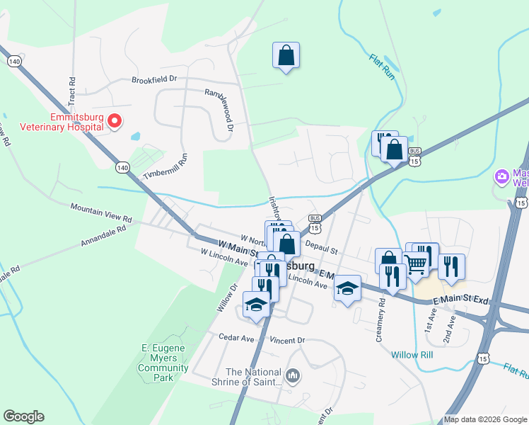 map of restaurants, bars, coffee shops, grocery stores, and more near 16 Emmit Court in Emmitsburg