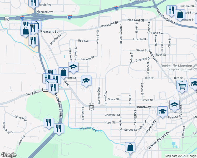 map of restaurants, bars, coffee shops, grocery stores, and more near 2417 Bird Street in Hannibal