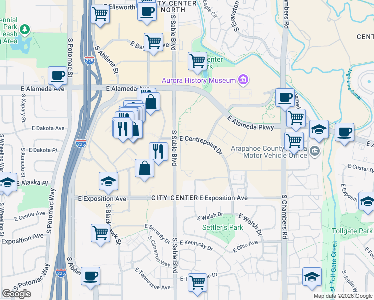 map of restaurants, bars, coffee shops, grocery stores, and more near in Aurora