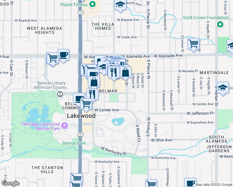 map of restaurants, bars, coffee shops, grocery stores, and more near 7110 West Virginia Avenue in Lakewood