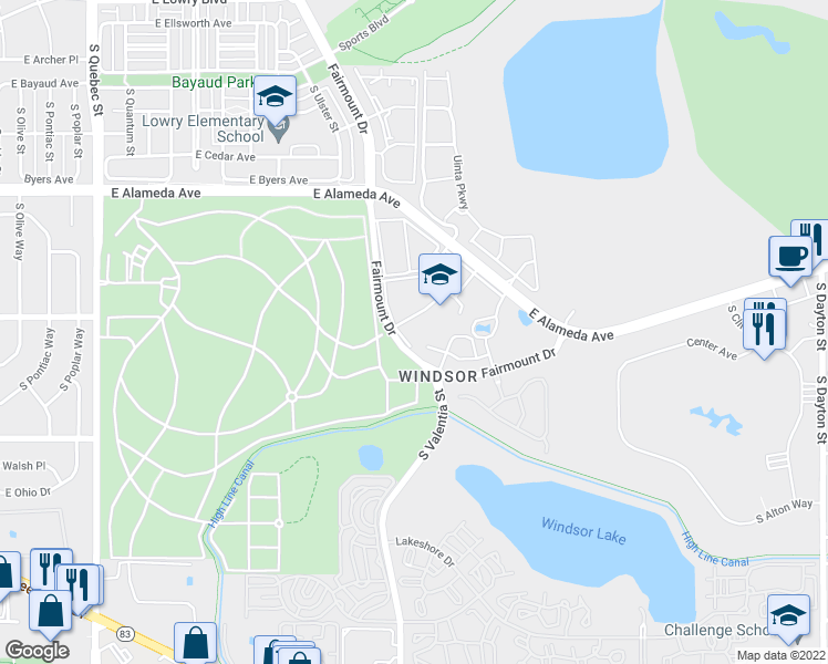map of restaurants, bars, coffee shops, grocery stores, and more near 8535 South Fairmount Drive in Denver