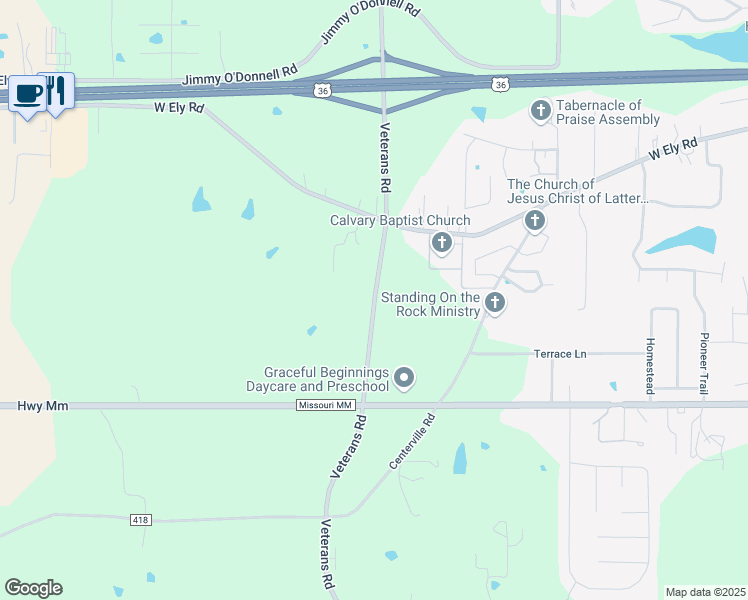 map of restaurants, bars, coffee shops, grocery stores, and more near Veterans Road in Hannibal
