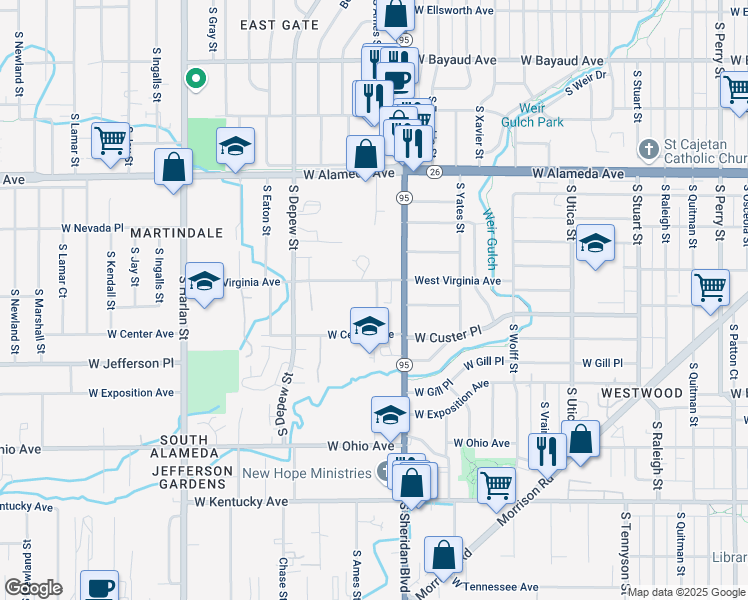 map of restaurants, bars, coffee shops, grocery stores, and more near 560 South Ames Street in Lakewood