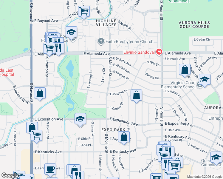 map of restaurants, bars, coffee shops, grocery stores, and more near 11512 East Virginia Drive in Aurora