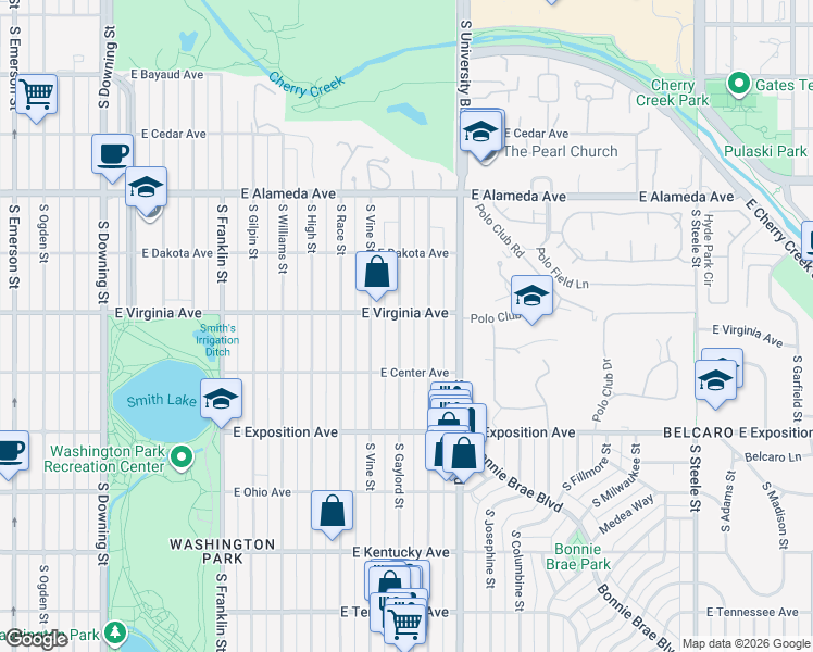 map of restaurants, bars, coffee shops, grocery stores, and more near 551 South York Street in Denver