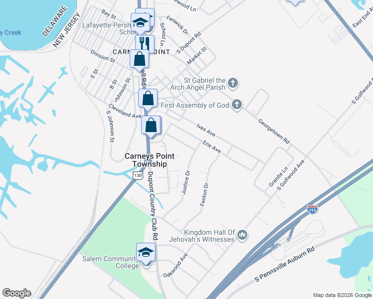 map of restaurants, bars, coffee shops, grocery stores, and more near 283 Justice Drive in Carneys Point Township