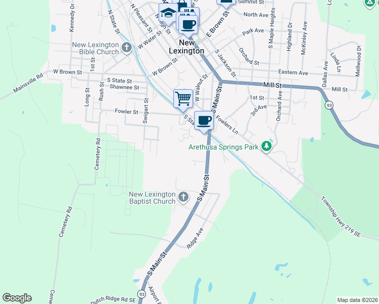 map of restaurants, bars, coffee shops, grocery stores, and more near 217 Monroe Street in New Lexington