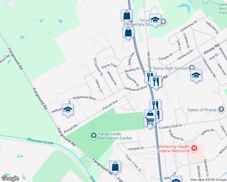 map of restaurants, bars, coffee shops, grocery stores, and more near 268 Purcell Drive in Xenia