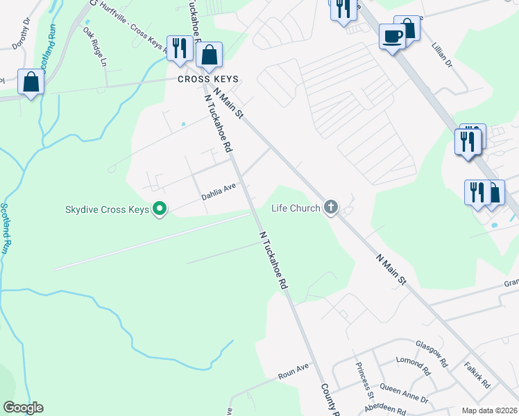 map of restaurants, bars, coffee shops, grocery stores, and more near 1531 North Tuckahoe Road in Monroe