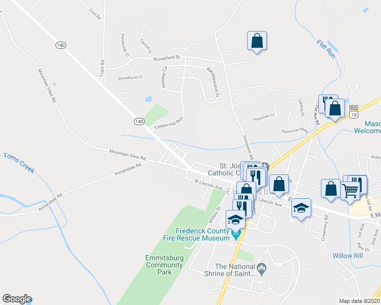 map of restaurants, bars, coffee shops, grocery stores, and more near 9 Warthens Way in Emmitsburg
