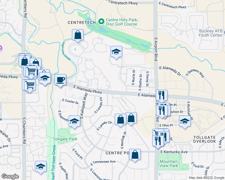 map of restaurants, bars, coffee shops, grocery stores, and more near 516 South Memphis Way in Aurora