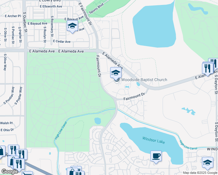 map of restaurants, bars, coffee shops, grocery stores, and more near 8535 South Fairmount Drive in Denver