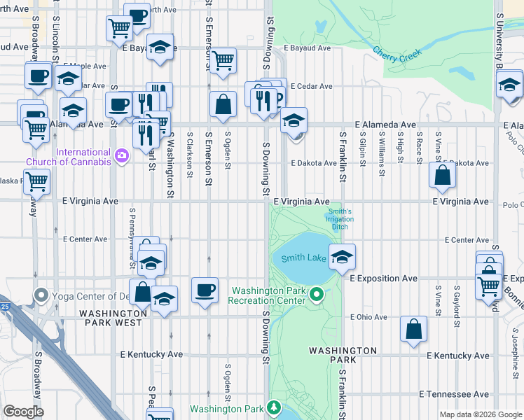 map of restaurants, bars, coffee shops, grocery stores, and more near 543 South Downing Street in Denver