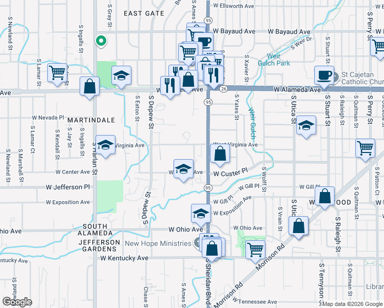 map of restaurants, bars, coffee shops, grocery stores, and more near 560 South Ames Street in Lakewood