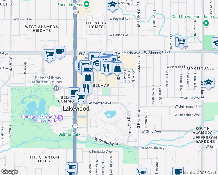 map of restaurants, bars, coffee shops, grocery stores, and more near 7241 West Custer Avenue in Lakewood