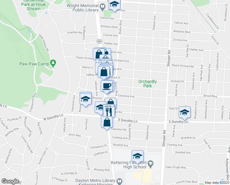 map of restaurants, bars, coffee shops, grocery stores, and more near 2701 Shafor Boulevard in Dayton