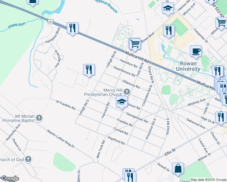 map of restaurants, bars, coffee shops, grocery stores, and more near 315 Dickinson Road in Glassboro