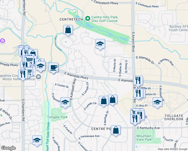 map of restaurants, bars, coffee shops, grocery stores, and more near 516 South Memphis Way in Aurora