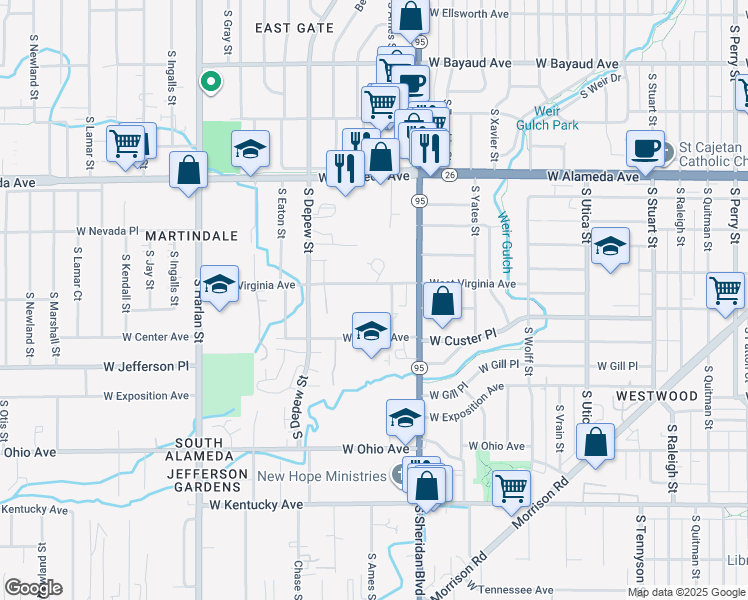 map of restaurants, bars, coffee shops, grocery stores, and more near 5350 West Virginia Avenue in Lakewood