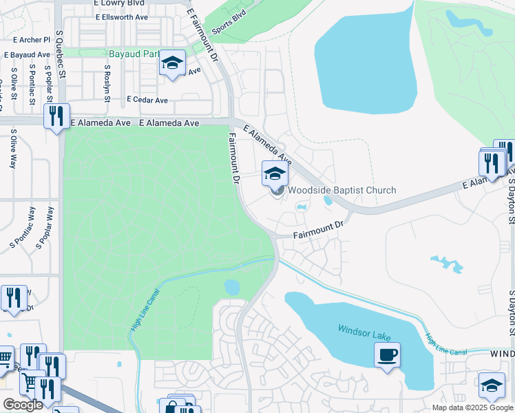 map of restaurants, bars, coffee shops, grocery stores, and more near 300-700 Ulster Way in Denver