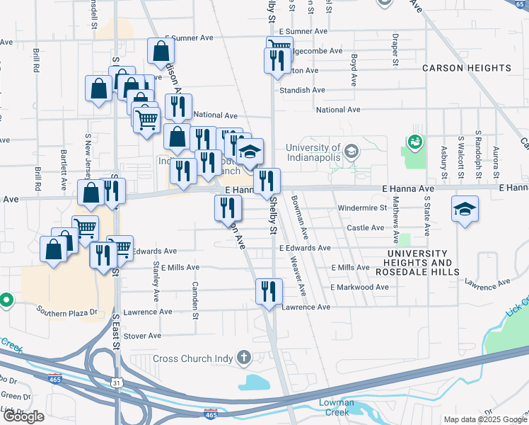map of restaurants, bars, coffee shops, grocery stores, and more near 1044 Castle Avenue in Indianapolis