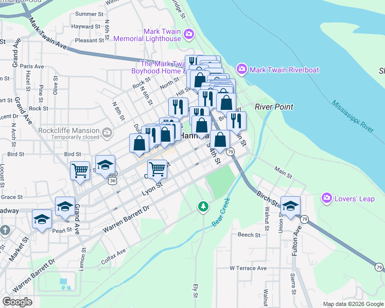 map of restaurants, bars, coffee shops, grocery stores, and more near 222A South 6th Street in Hannibal