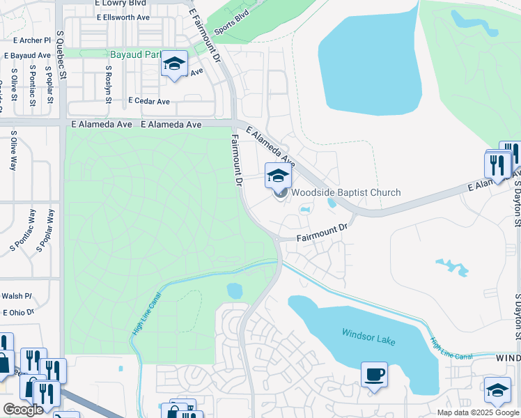 map of restaurants, bars, coffee shops, grocery stores, and more near 8600 East Alameda Avenue in Denver