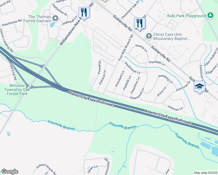 map of restaurants, bars, coffee shops, grocery stores, and more near 63 Pinewood Lane in Sicklerville