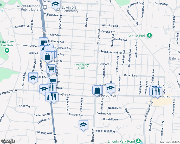 map of restaurants, bars, coffee shops, grocery stores, and more near 426 Wonderly Avenue in Dayton