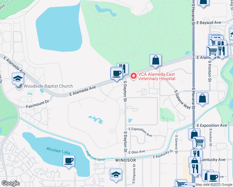 map of restaurants, bars, coffee shops, grocery stores, and more near 597 South Clinton Street in Denver