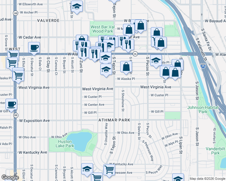 map of restaurants, bars, coffee shops, grocery stores, and more near 590 South Tejon Street in Denver
